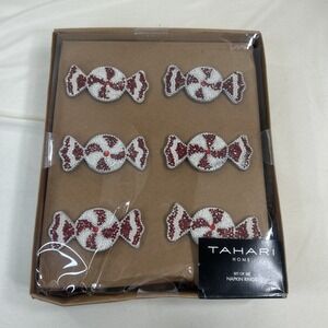 Tahari Beaded Peppermint Candy Napkin Rings Set of 6 Red White Christmas Holiday